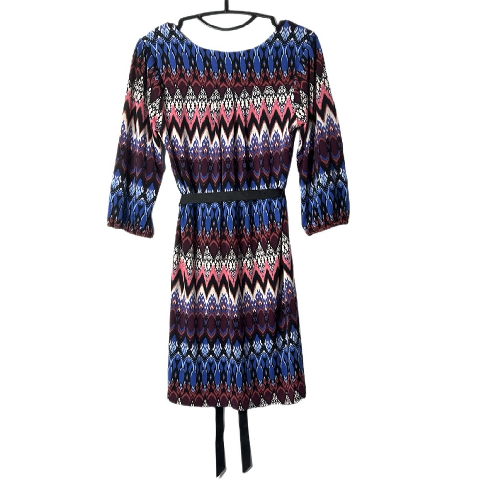 LuxII Petite Long Sleeve Tie Waist Geometric Patterned Dress